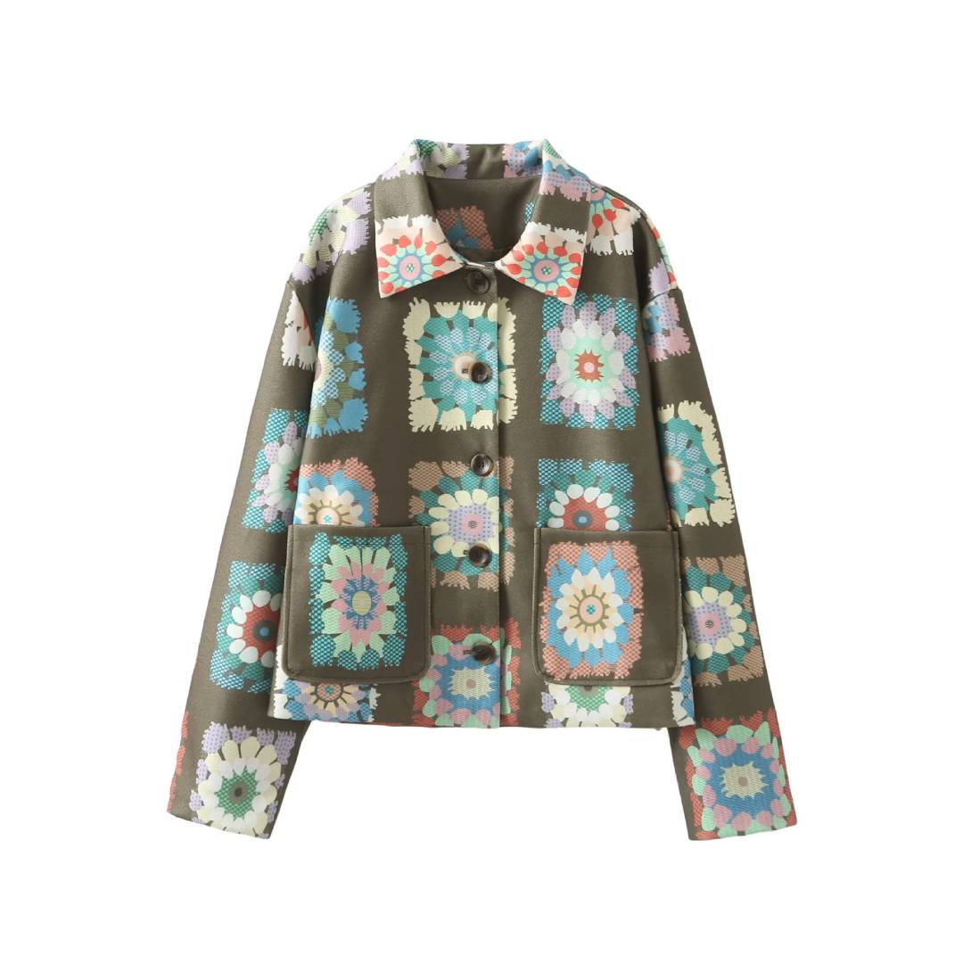 Retro Granny Square Floral Print Jacket - Olive