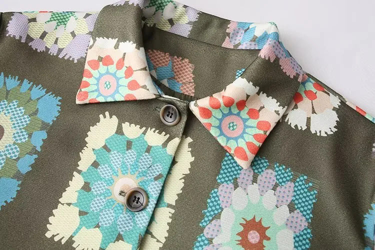 Retro Granny Square Floral Print Jacket - Olive - 1
