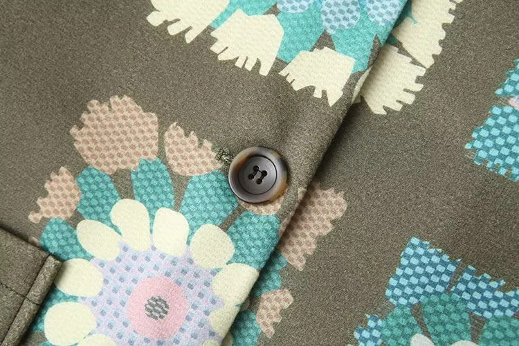 Retro Granny Square Floral Print Jacket - Olive - 2