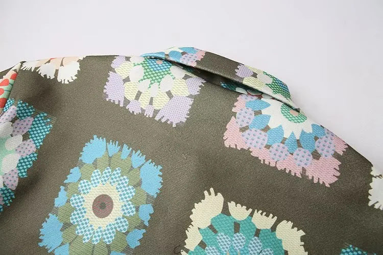 Retro Granny Square Floral Print Jacket - Olive - 5