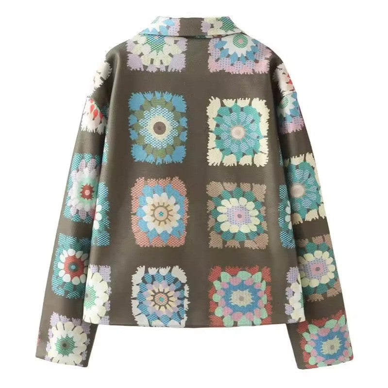 Retro Granny Square Floral Print Jacket - Olive - 6