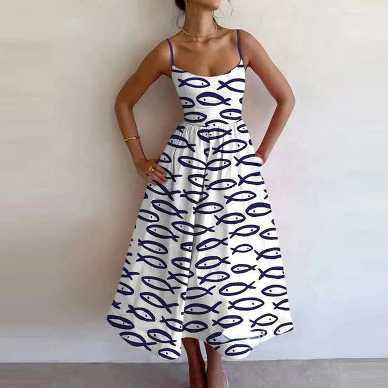 Sleeveless Novelty Print Flared Midi Dress - NO01