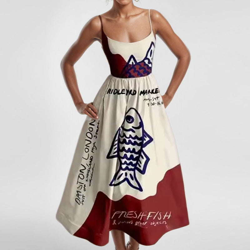 Sleeveless Novelty Print Flared Midi Dress - NO04
