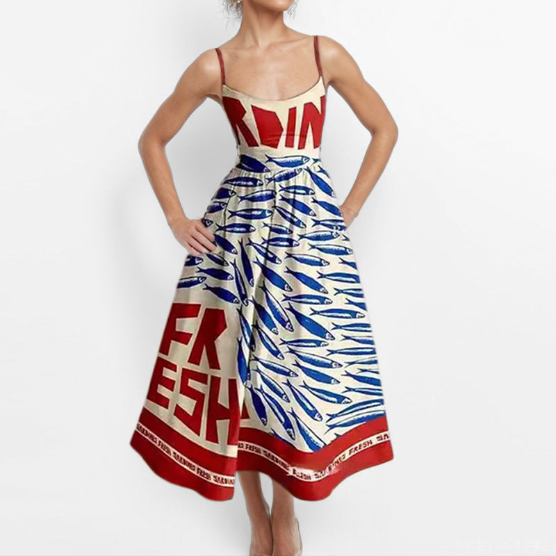 Sleeveless Novelty Print Flared Midi Dress - NO07