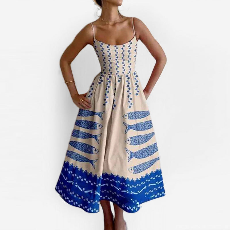 Sleeveless Novelty Print Flared Midi Dress - NO08