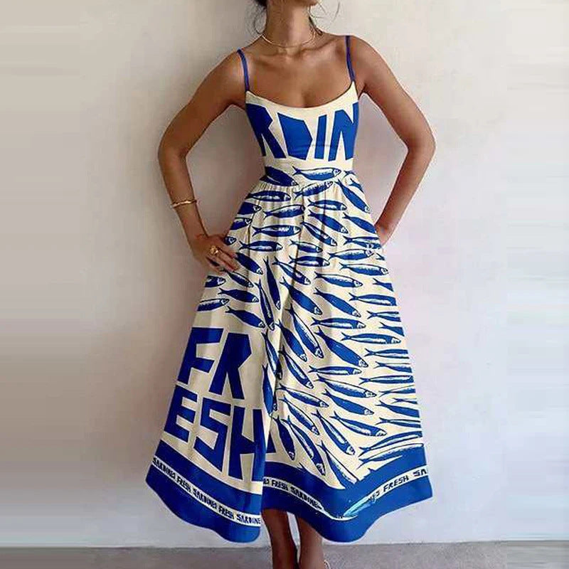 Sleeveless Novelty Print Flared Midi Dress - NO10