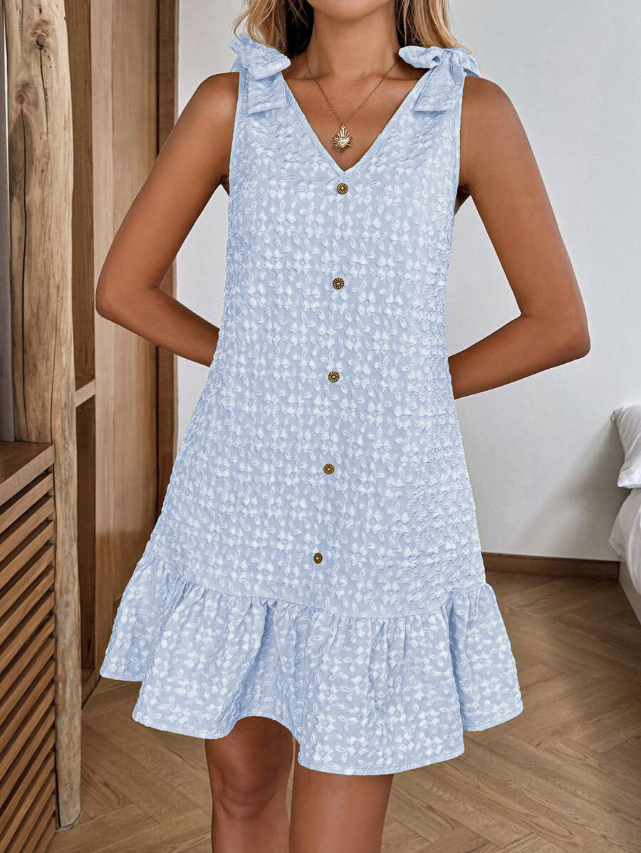 Tweed Button Front Ruffle Hem Mini Dress - Blue