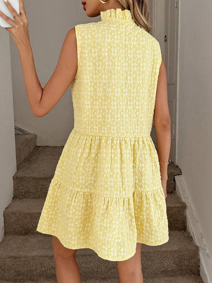 Tweed Button Front Ruffle Hem Mini Dress - Yellow - 2