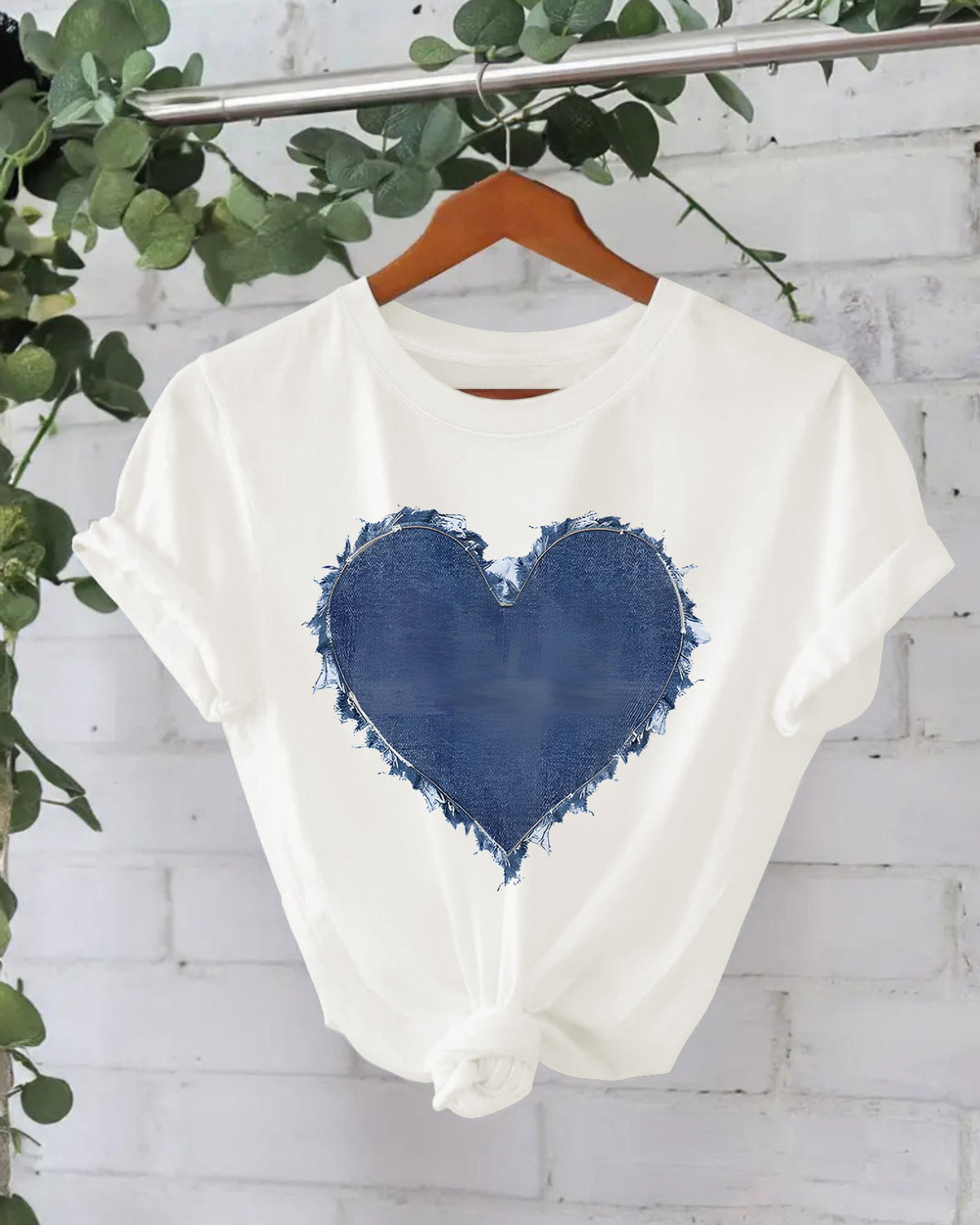 Patchwork Heart Graphic Crew Neck T-Shirt - White