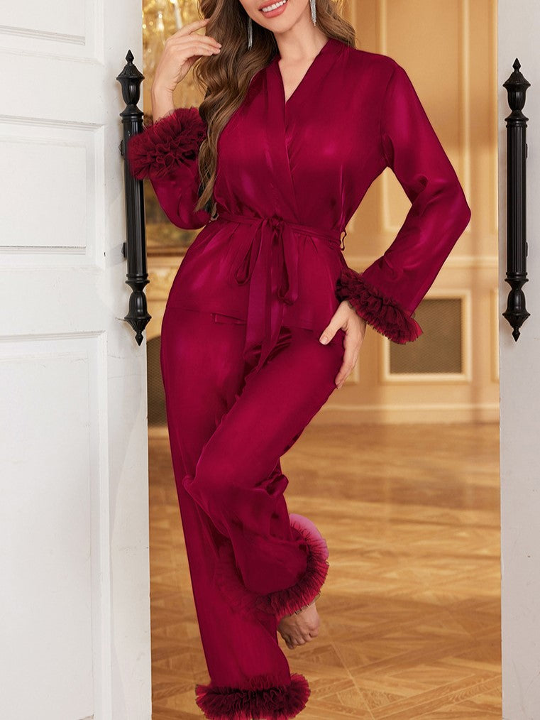 Feather Trim Satin Wrap Lounge Set - Winered