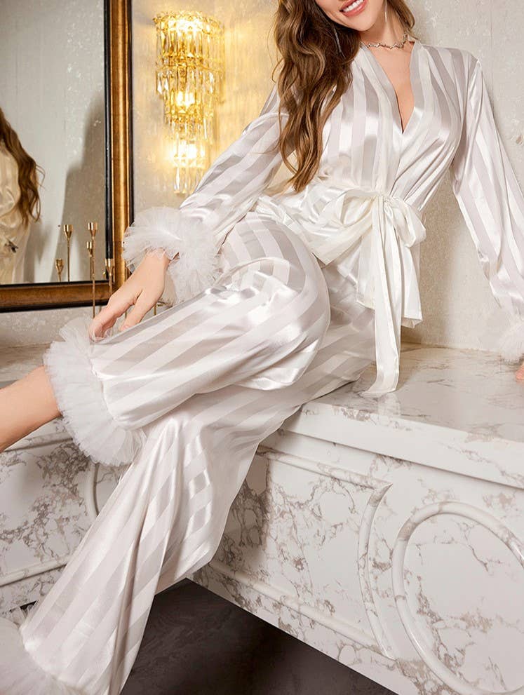 Feather Trim Satin Wrap Lounge Set