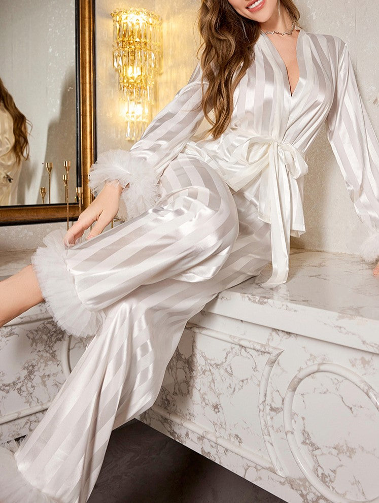 Feather Trim Satin Wrap Lounge Set - view 1