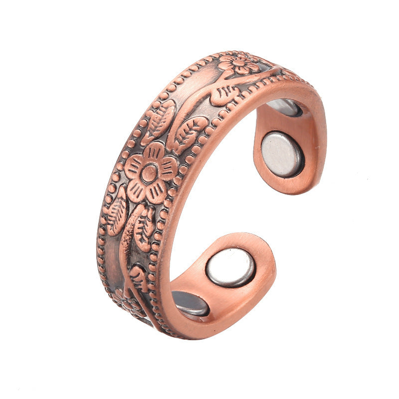 Flower Embossed Magnetic Adjustable Ring - Red