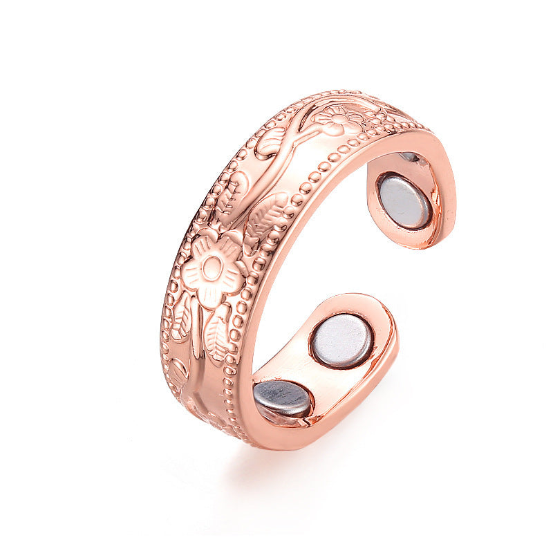 Flower Embossed Magnetic Adjustable Ring - RoseGold