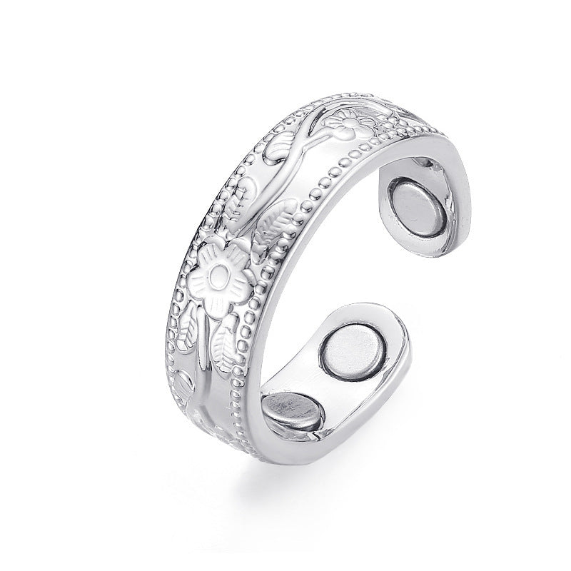 Flower Embossed Magnetic Adjustable Ring - Silver