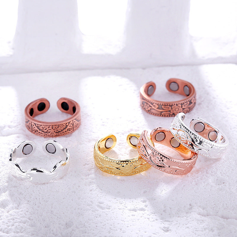 Flower Embossed Magnetic Adjustable Ring - view 1