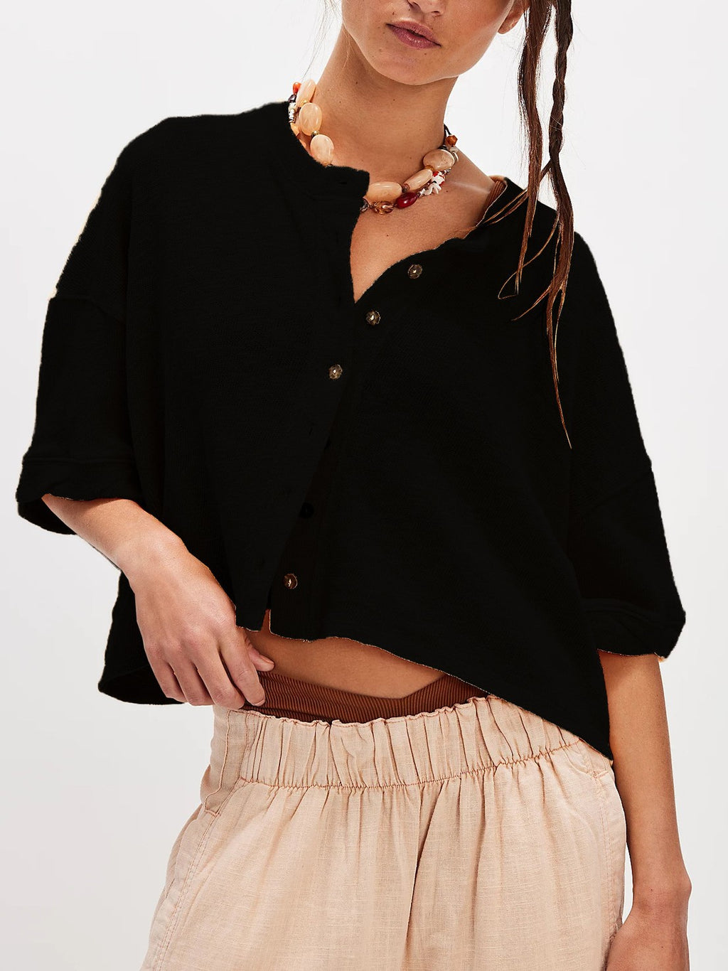 Cropped Boxy Button Down Knit Shirt - Black