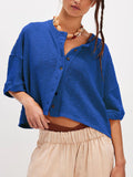 Cropped Boxy Button Down Knit Shirt - Blue