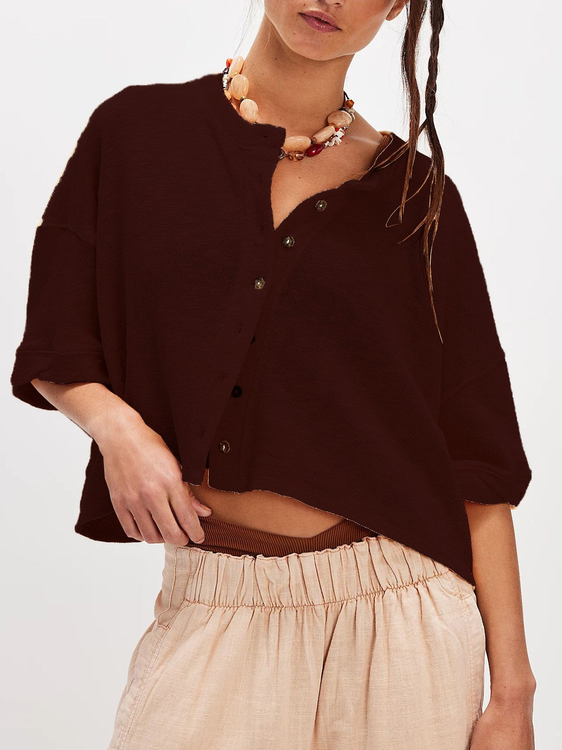 Cropped Boxy Button Down Knit Shirt - Coffee