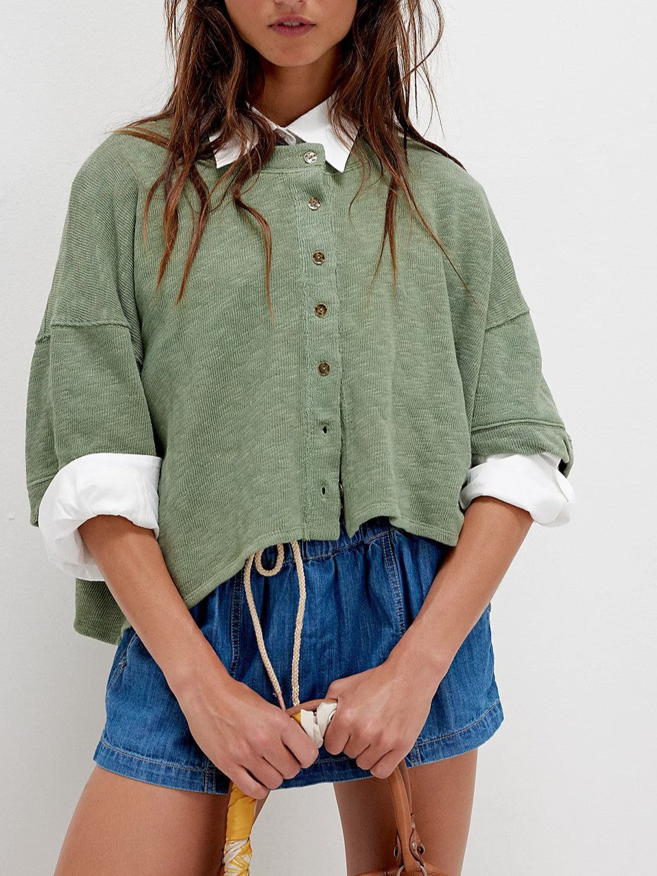 Cropped Boxy Button Down Knit Shirt - Green