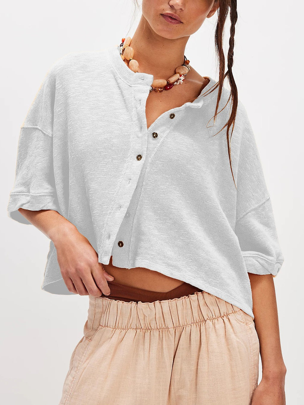 Cropped Boxy Button Down Knit Shirt - LightGray
