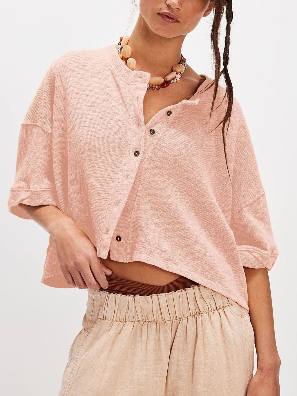 Cropped Boxy Button Down Knit Shirt - Pink