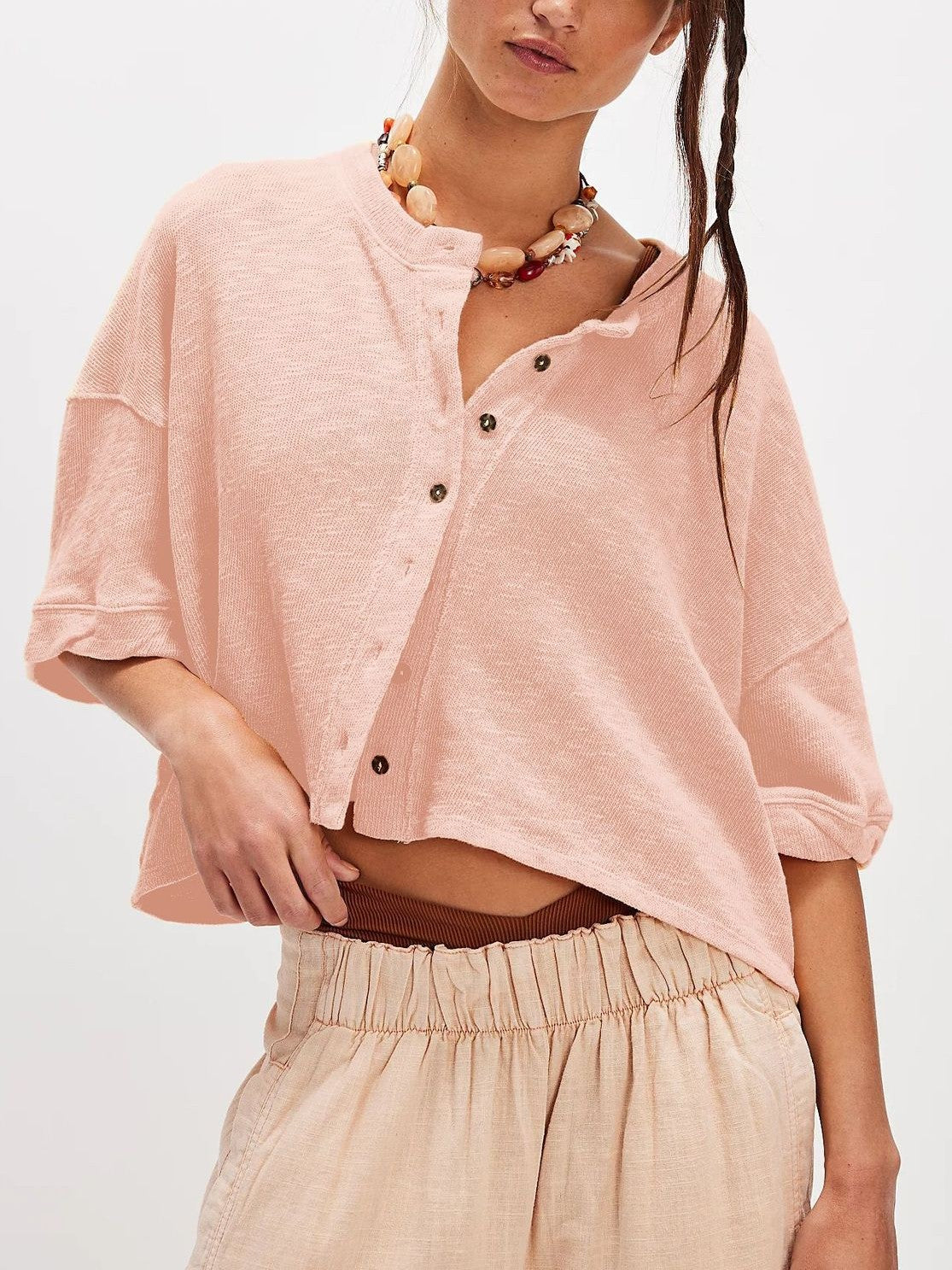 Cropped Boxy Button Down Knit Shirt - Pink