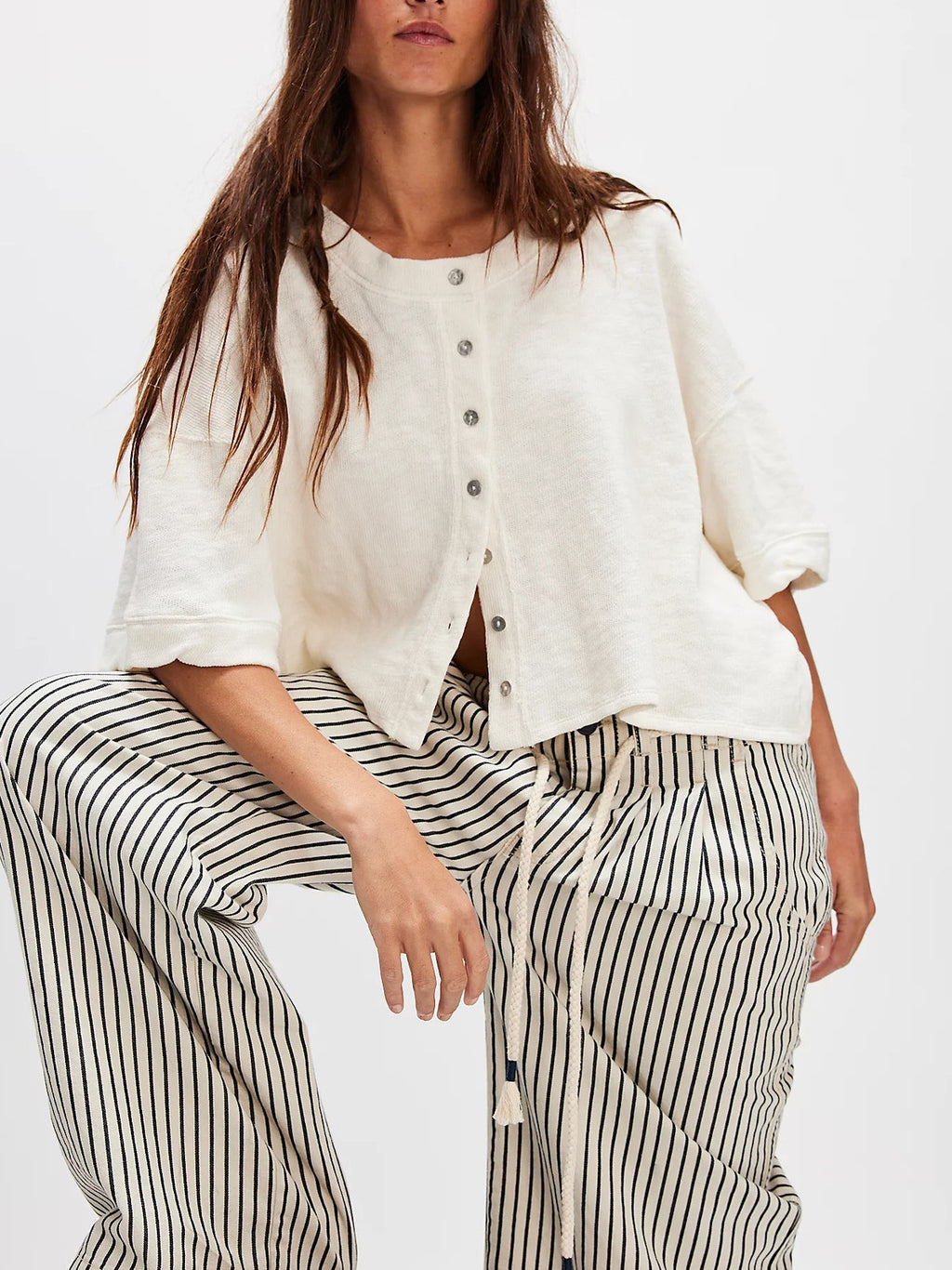 Cropped Boxy Button Down Knit Shirt - White
