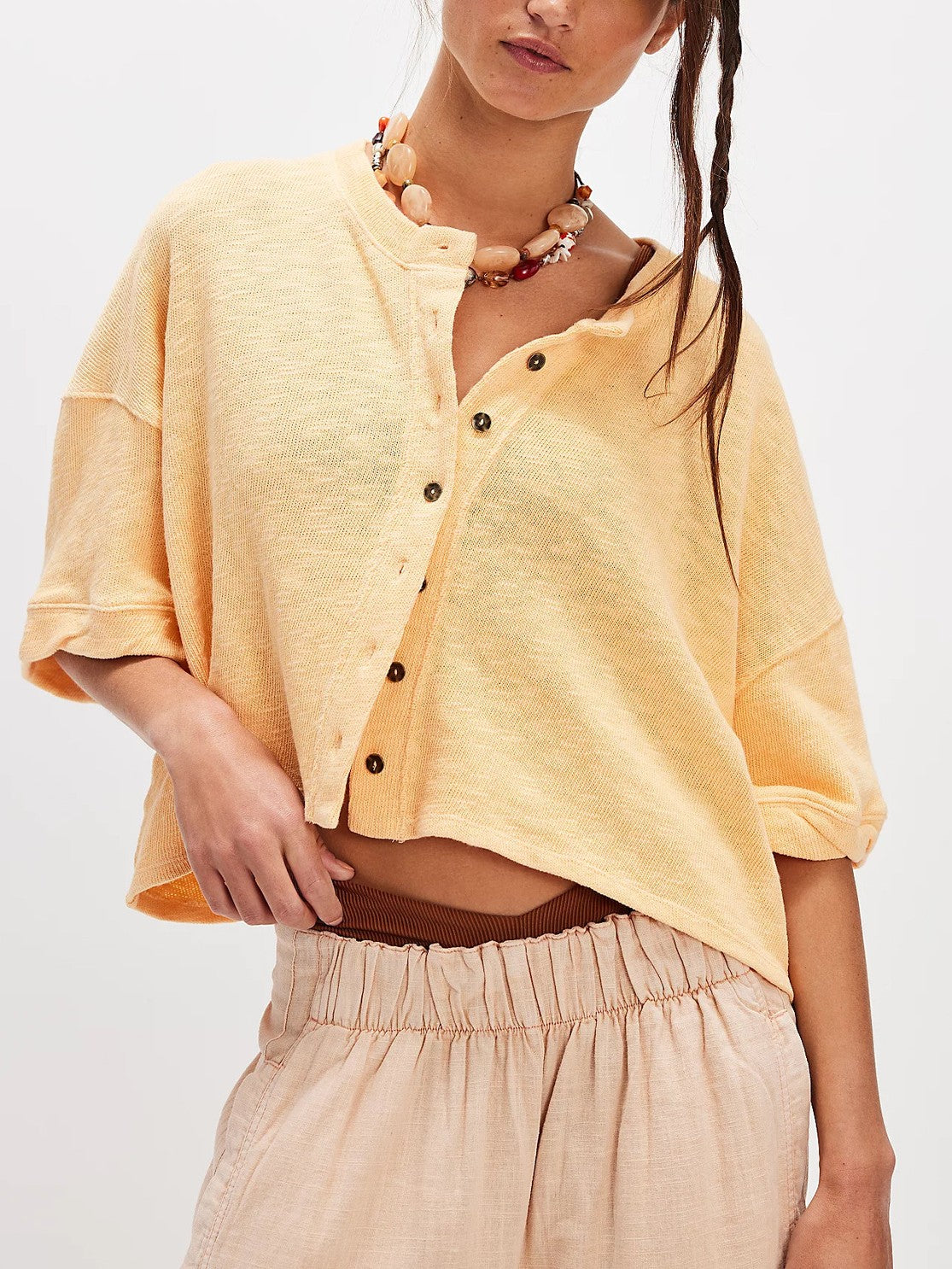 Cropped Boxy Button Down Knit Shirt - Yellow