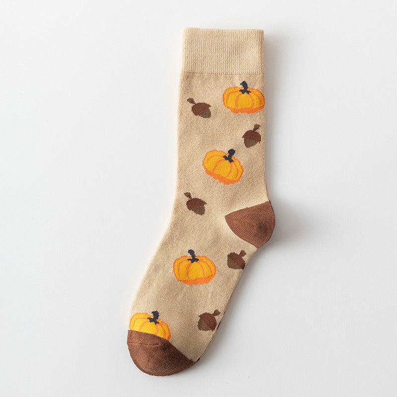 Fall Pumpkin and Squirrel Novelty Crew Socks - Pumpkin