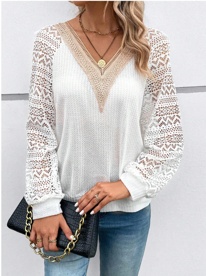 Crochet Lace Sleeve Waffle Knit Top - White