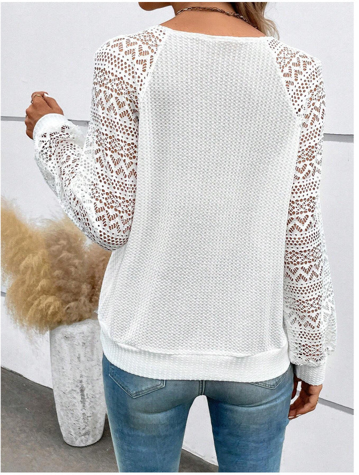 Crochet Lace Sleeve Waffle Knit Top