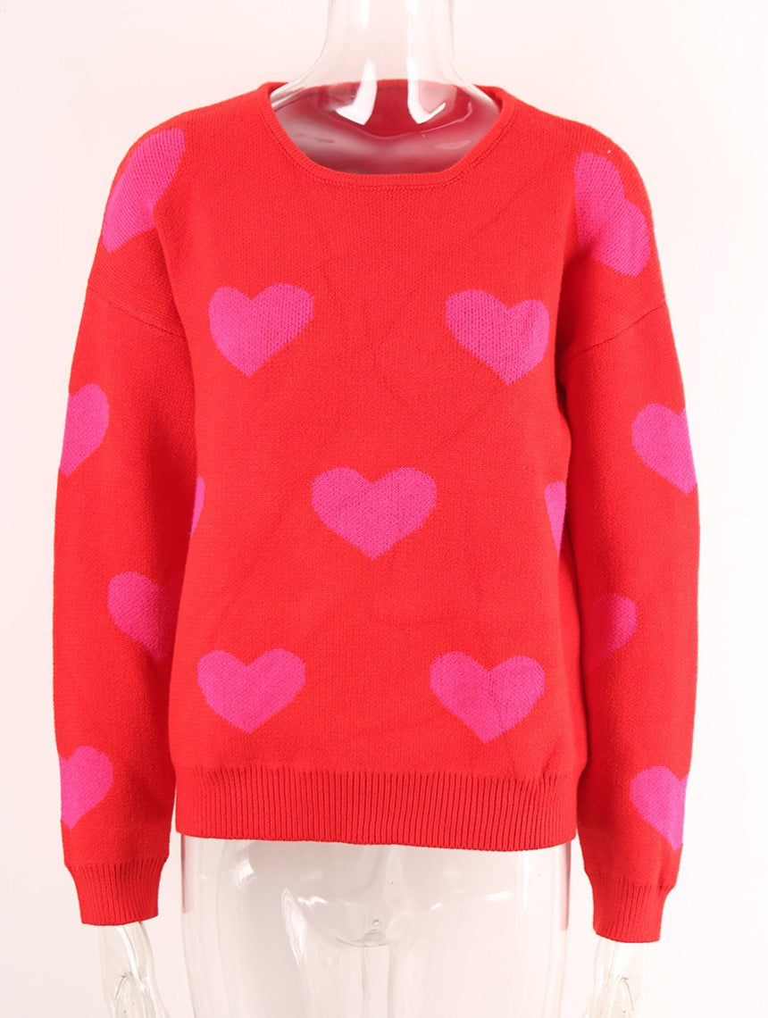 Two Tone Heart Jacquard Crew Sweater - Red