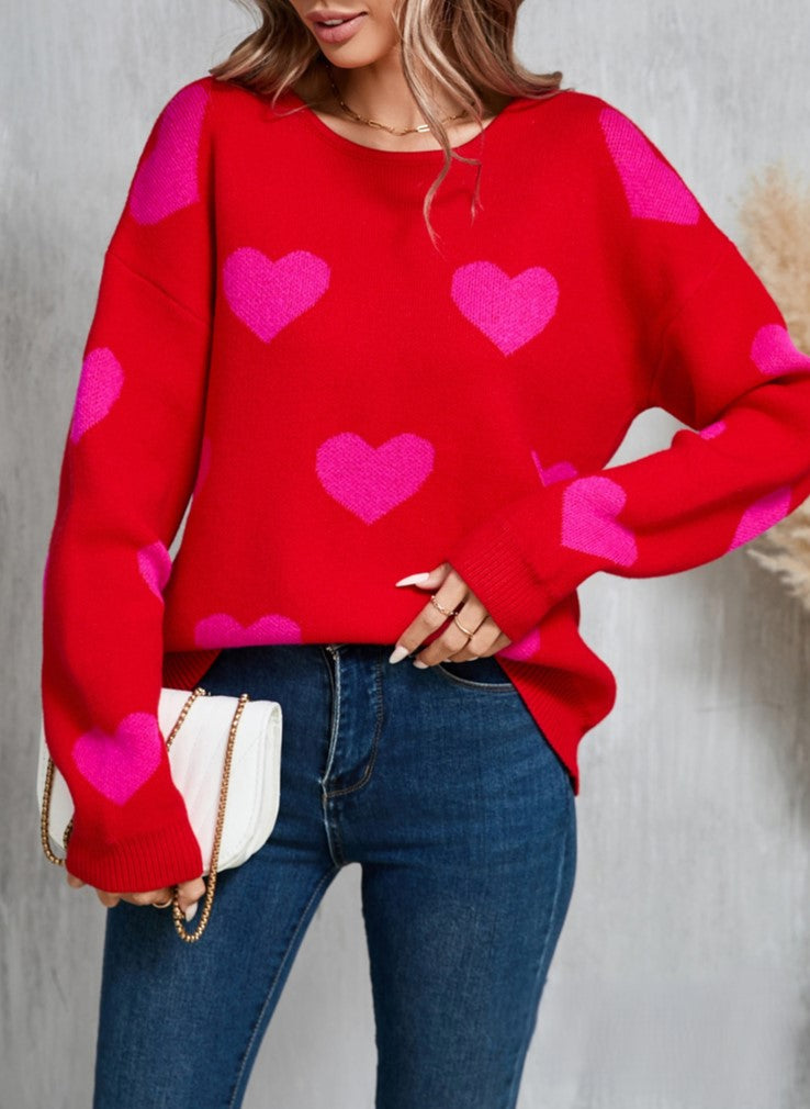 Two Tone Heart Jacquard Crew Sweater - Red - 2