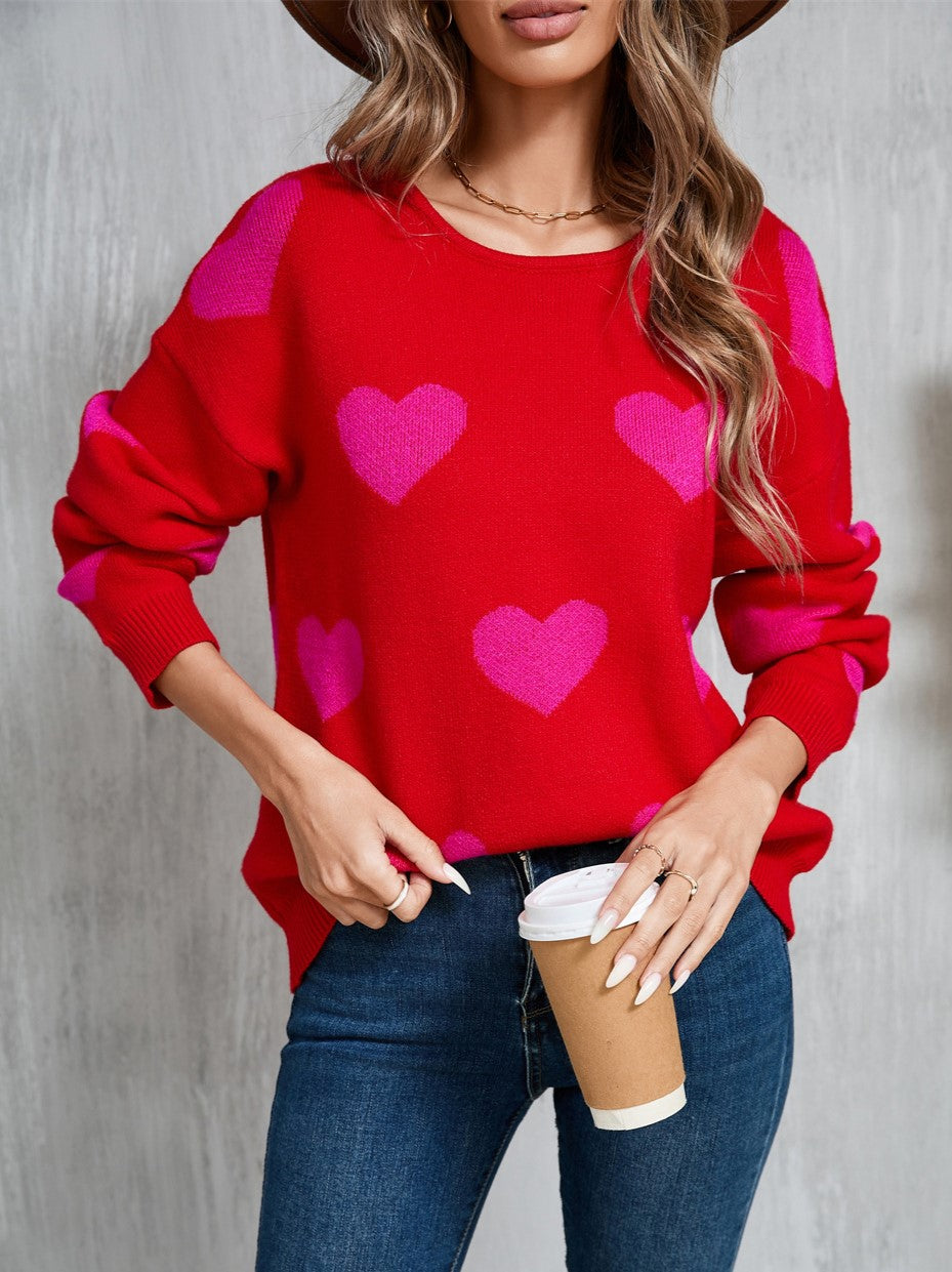 Two Tone Heart Jacquard Crew Sweater - Red - 3