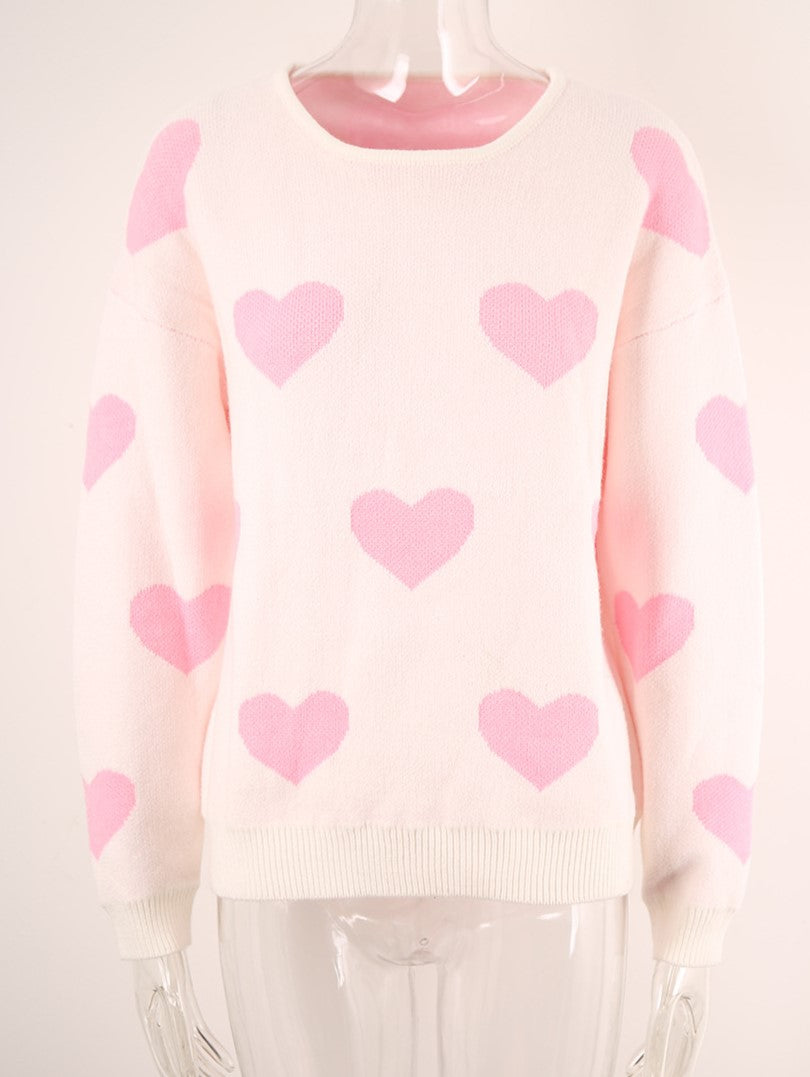 Two Tone Heart Jacquard Crew Sweater - White