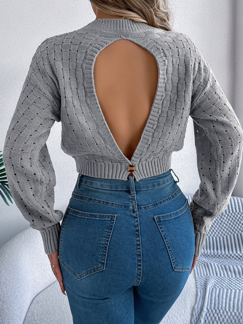 Open Back Pointelle Knit Crop Top - Grey - 2