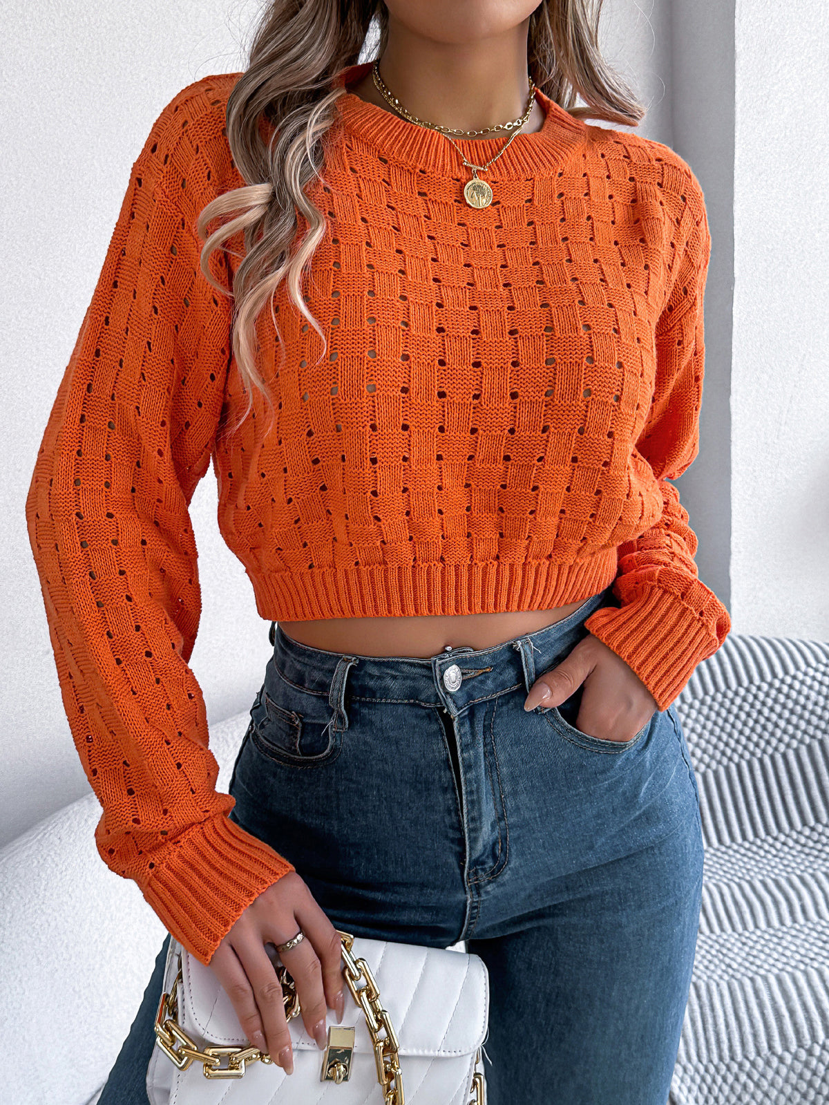 Open Back Pointelle Knit Crop Top - Orange