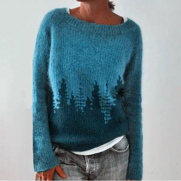 Sheep And Forest Jacquard Knit Pullover Top - Blue