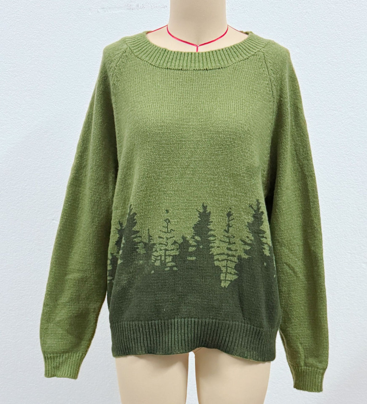 Sheep And Forest Jacquard Knit Pullover Top - Darkgreen