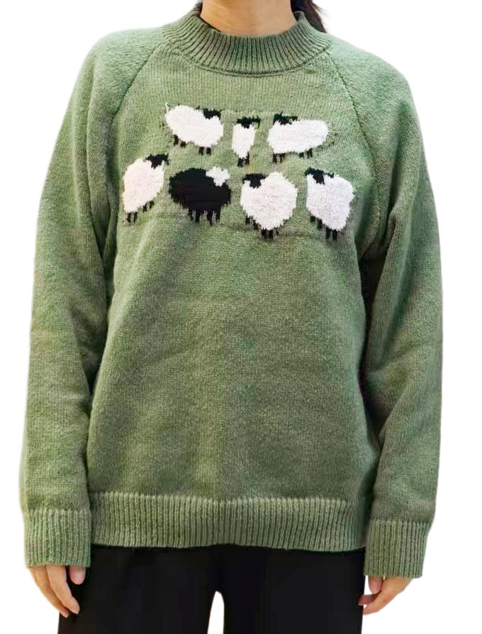 Sheep And Forest Jacquard Knit Pullover Top - Green