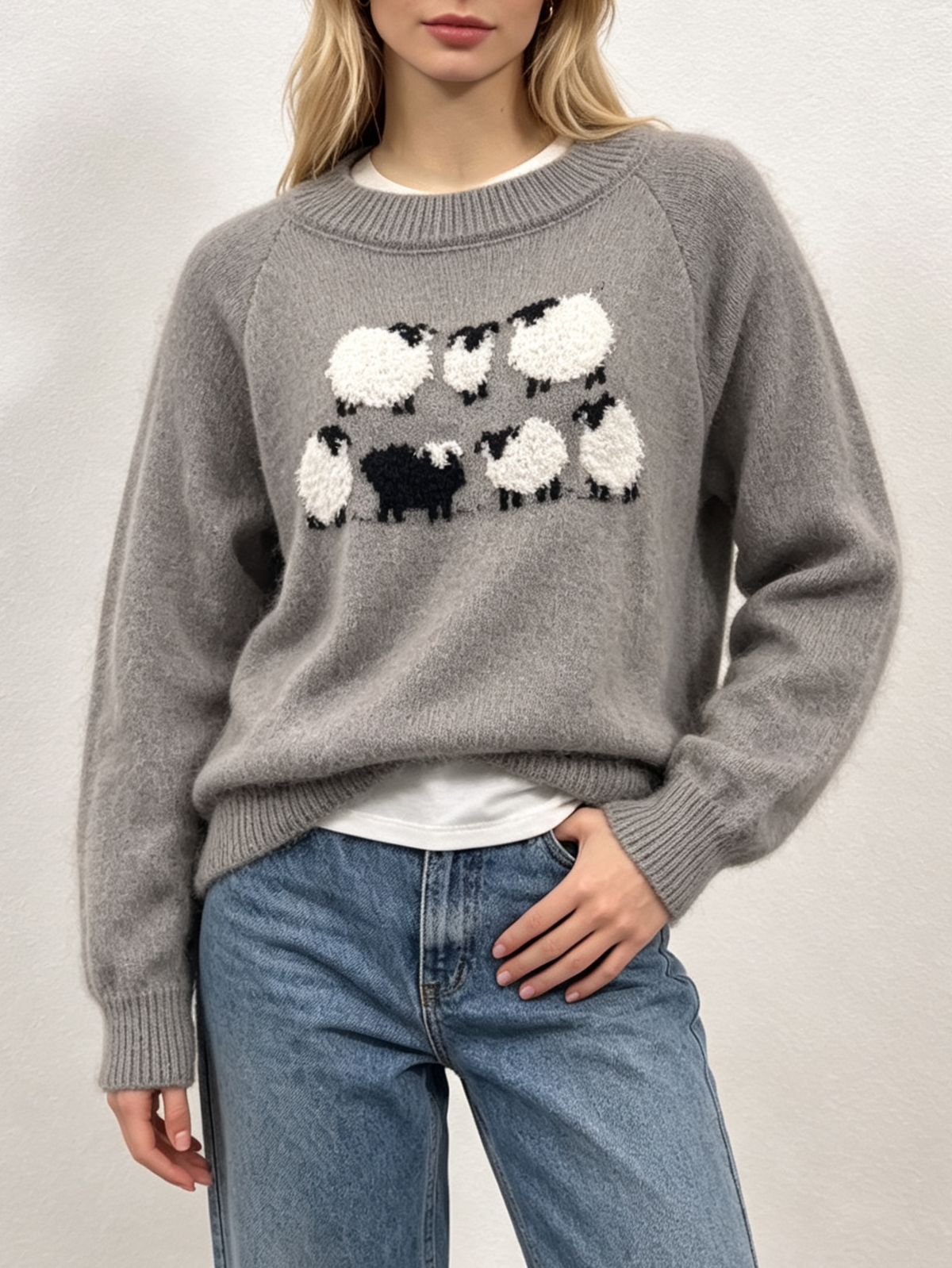 Sheep And Forest Jacquard Knit Pullover Top - Grey
