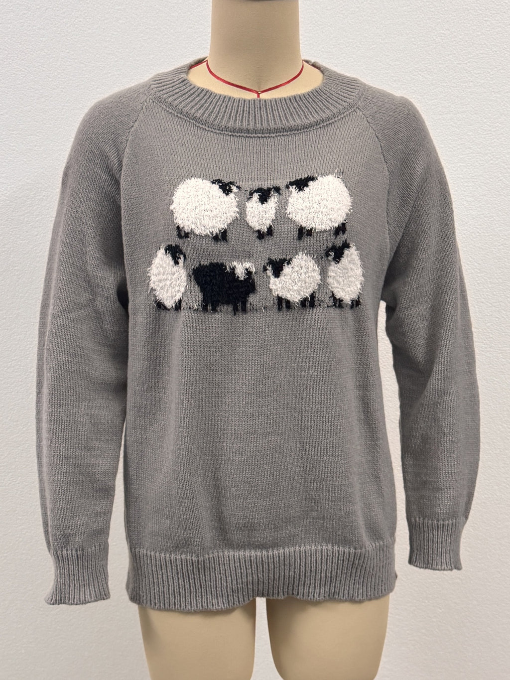 Sheep And Forest Jacquard Knit Pullover Top - Grey - 1