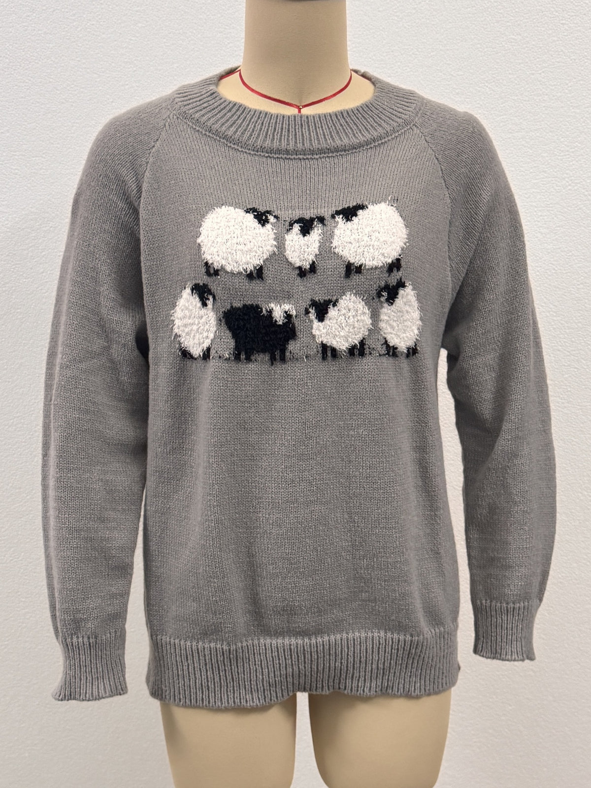 Sheep And Forest Jacquard Knit Pullover Top - Grey - 1
