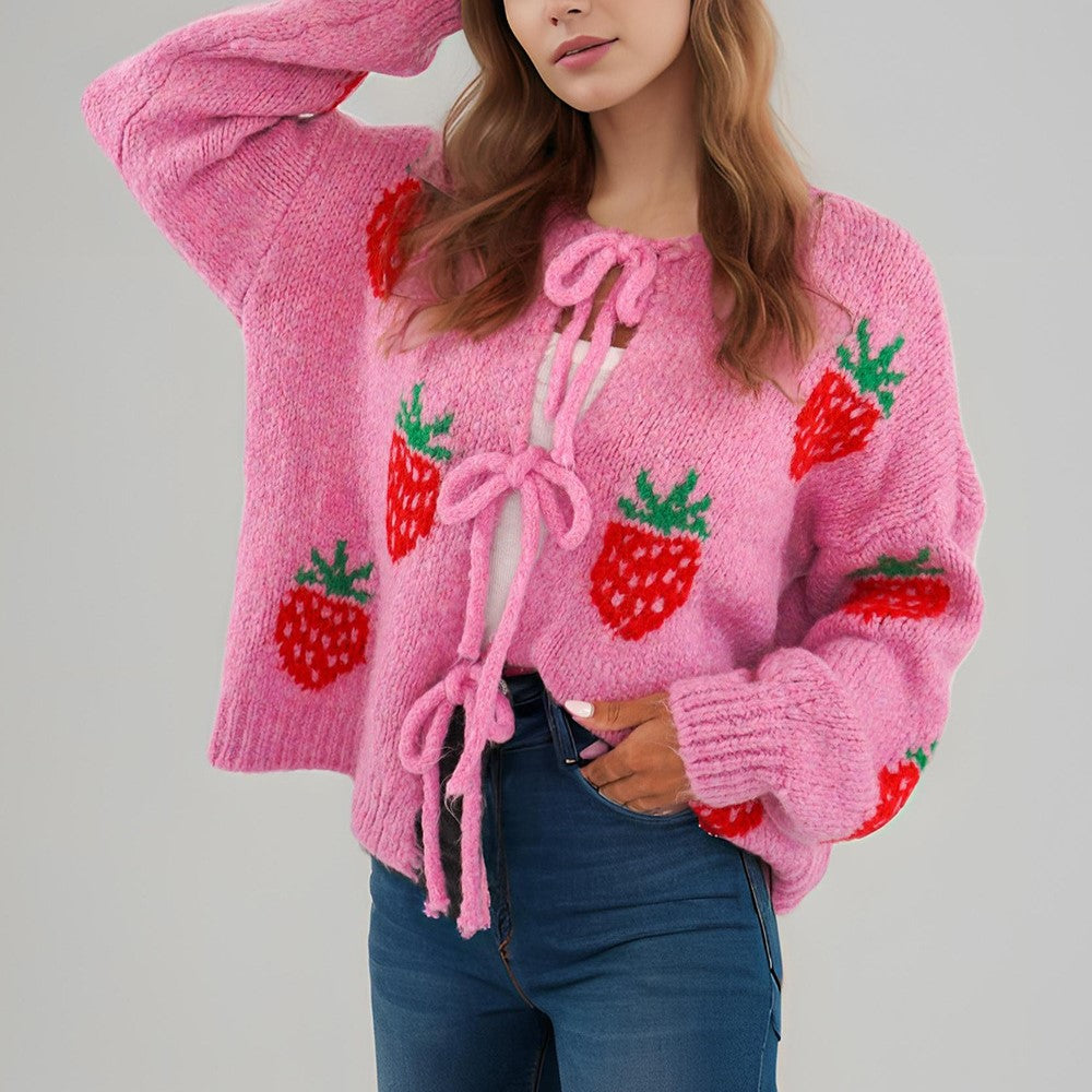 Strawberry Jacquard Tie Front Cardigan - Pink