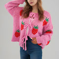 Strawberry Jacquard Tie Front Cardigan - Pink