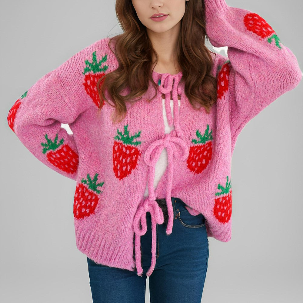 Strawberry Jacquard Tie Front Cardigan - Pink - 1
