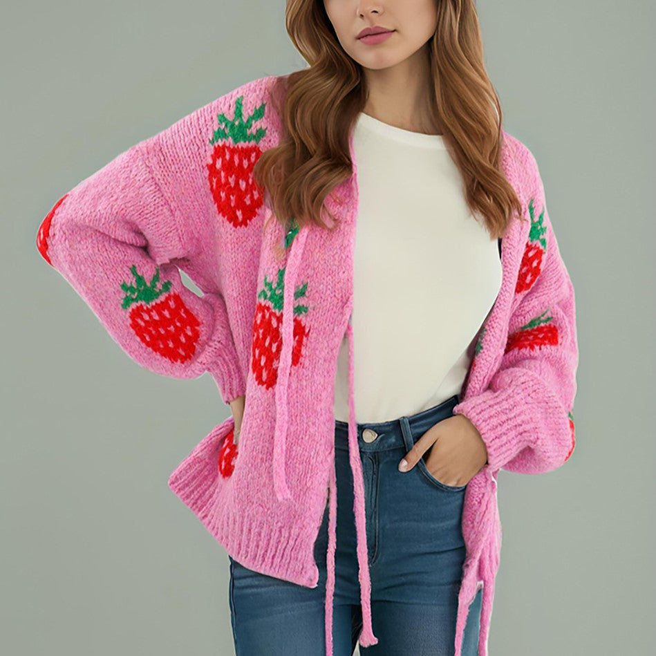 Strawberry Jacquard Tie Front Cardigan - Pink - 2