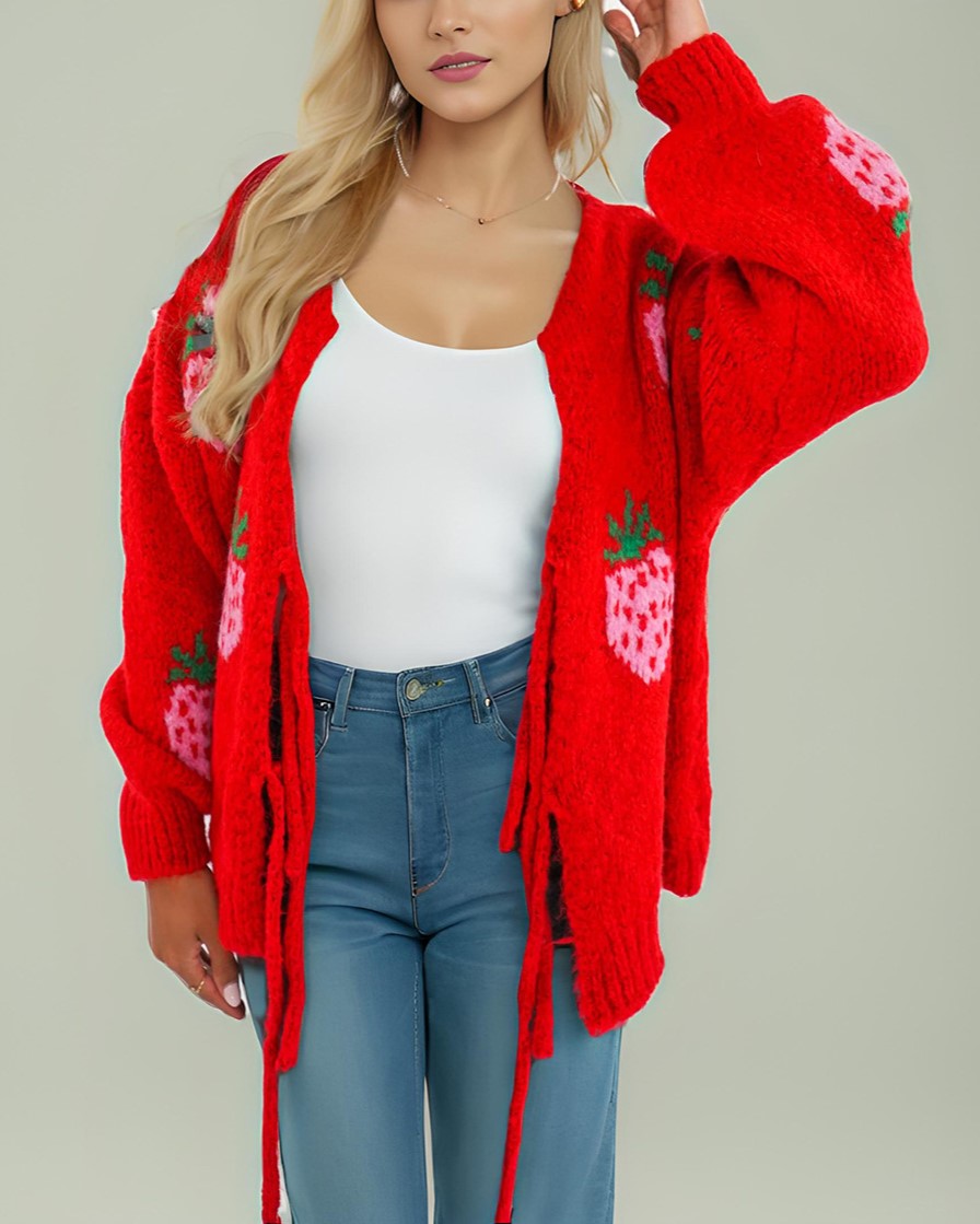 Strawberry Jacquard Tie Front Cardigan - Red - 1