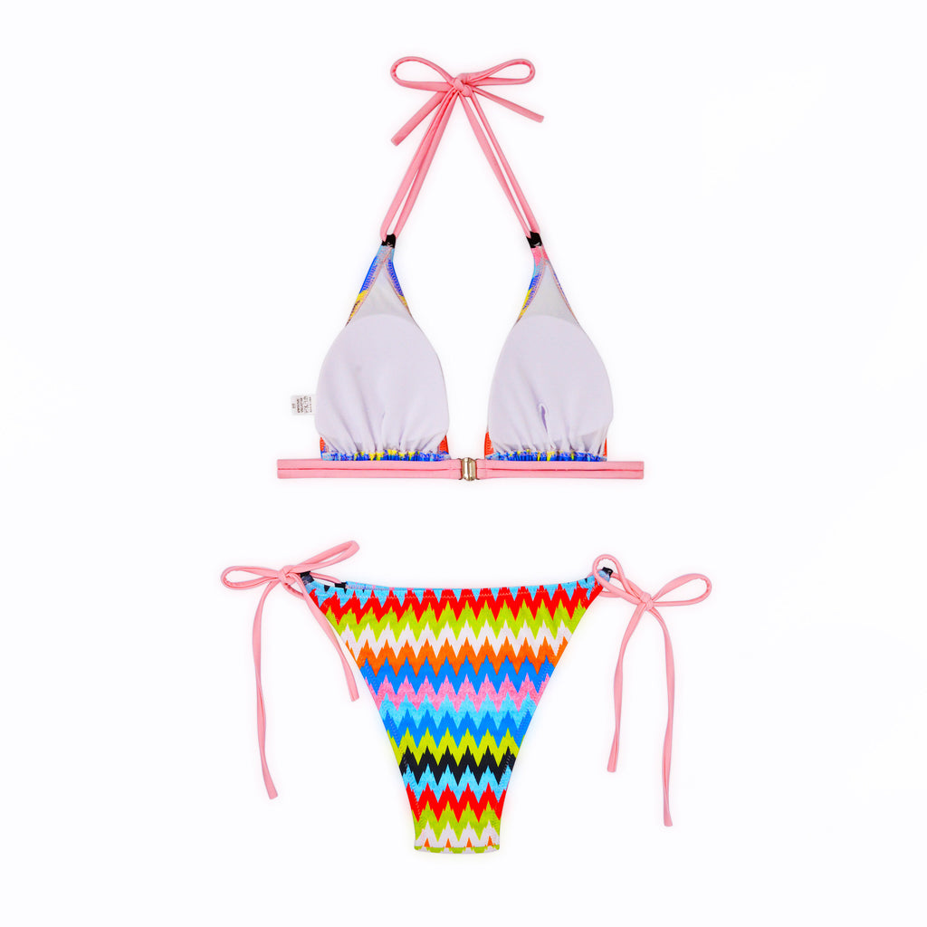 Zigzag Print Triangle Tie Side Bikini - Colorful - 1